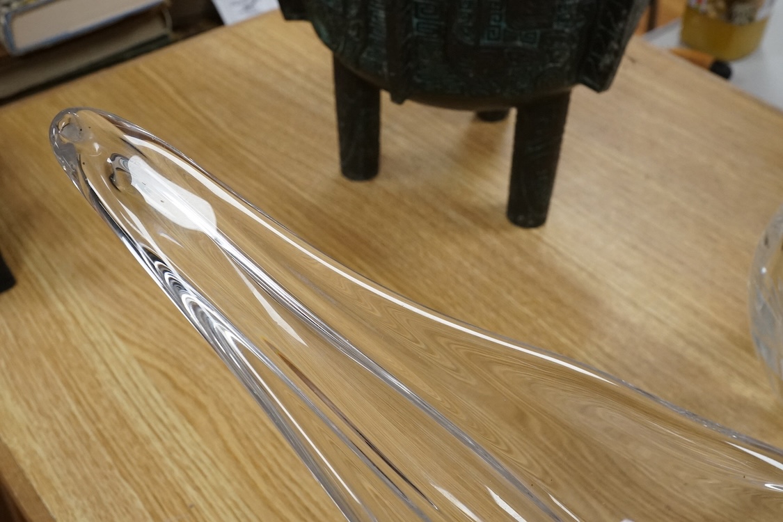 A 1950’s-60’s free form glass vase and a heavy cut glass navette shaped bowl, free form vase 62cm wide